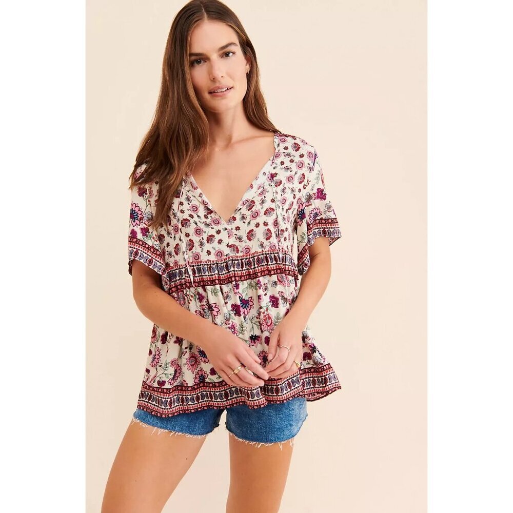 Raga Hiroka Blouse Short Sleeve Babydoll Boho Red Floral Sz M NWT V-Neck Athro
